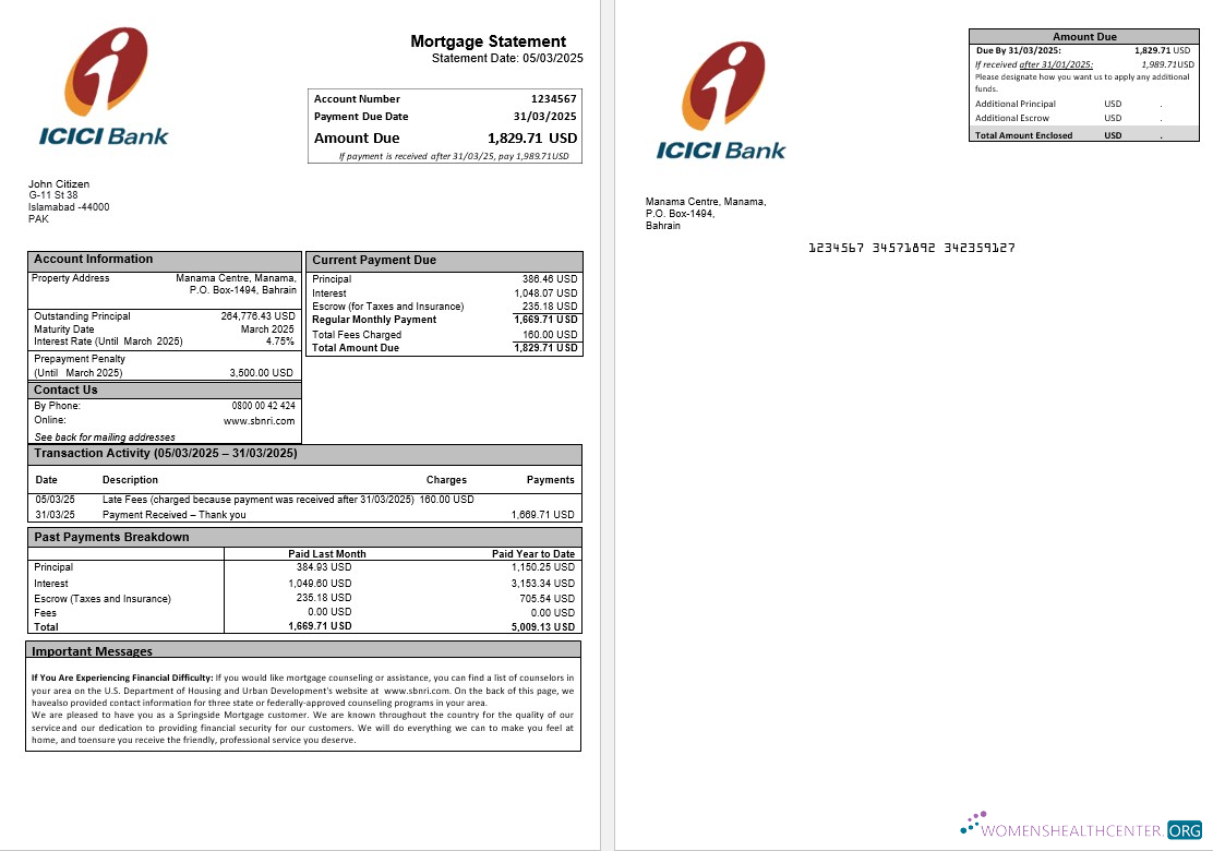 Download Pakistan ICICI mortgage statement in Word and PDF formats without wm Photoshop template